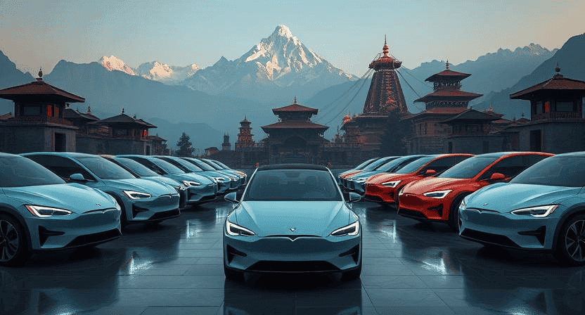 electric car prices in Nepal with temples and chilly mountains in the back