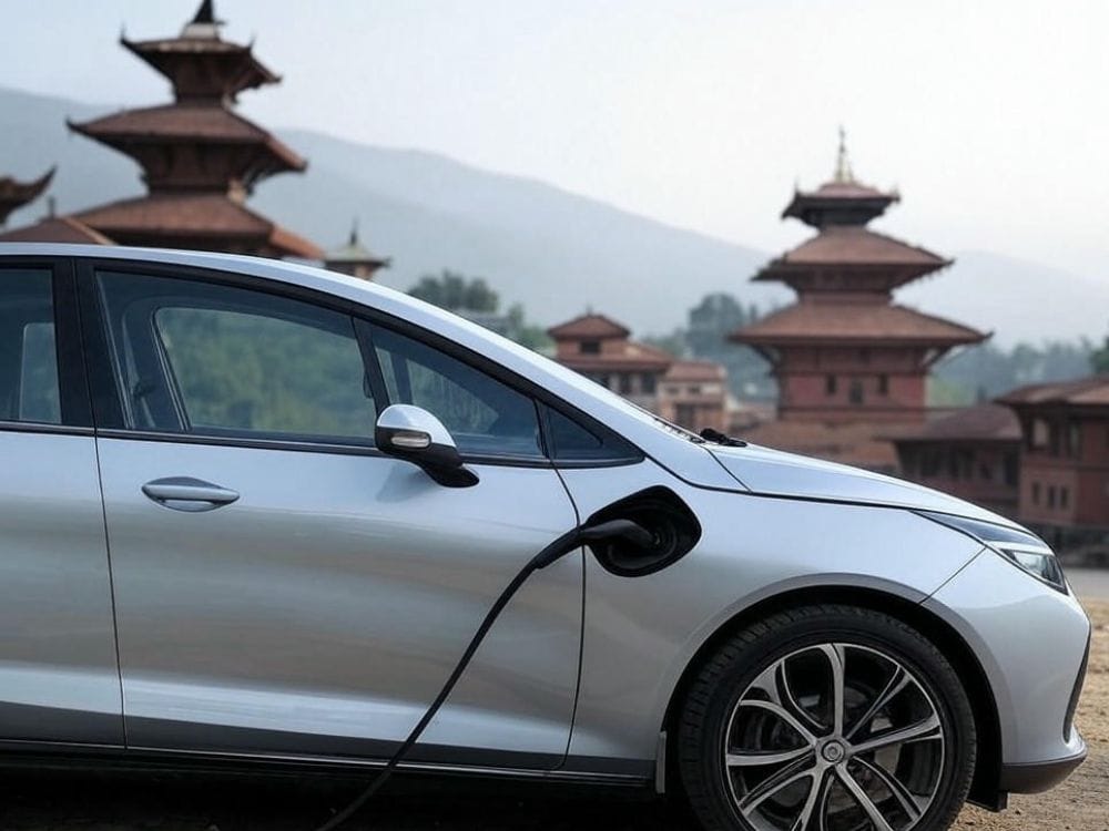 Dolphin streamlined Neta V car charging in the streets of Nepal